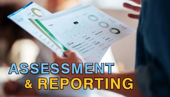 hand holding report with words that say assessment & reporting