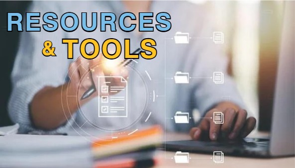 Hand pushing button with words that say Resources & Tools