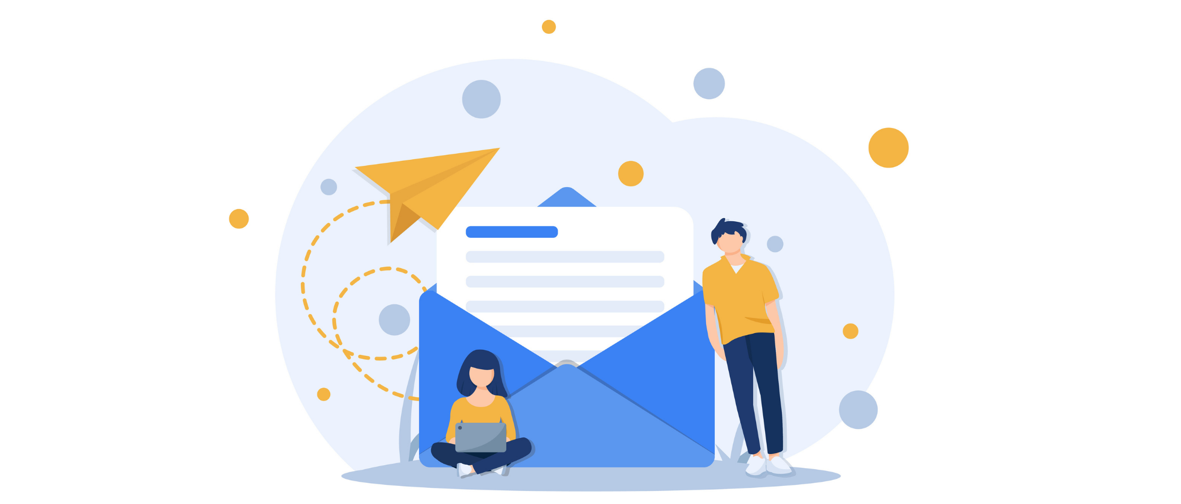 Paper airplane flying over an open letter envelope with two people near it