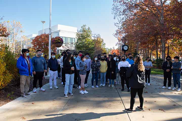 A group of students taking a tour of the Galloway campus