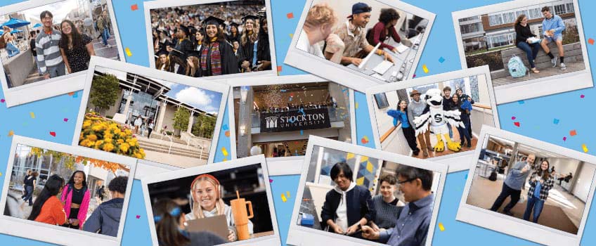 A collage of polaroid-style photos depicting various campus scenes