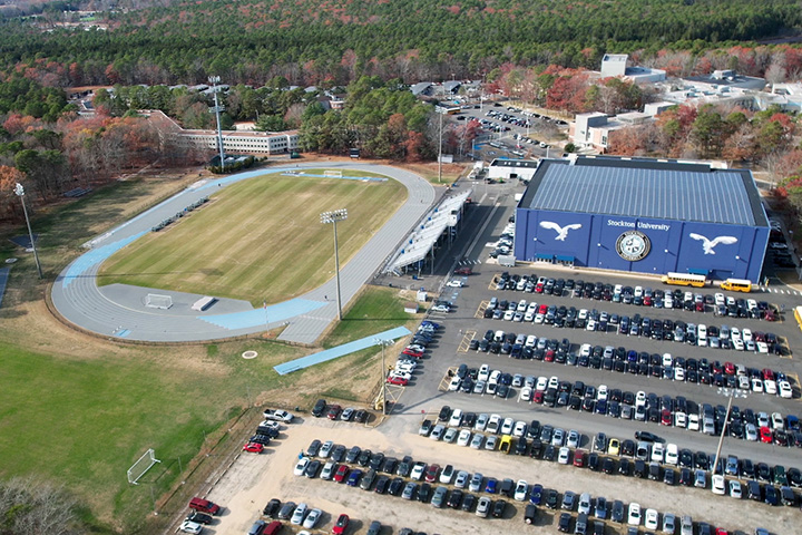 An aerial view of Stockton's sports center and soccer field