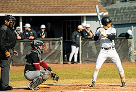 An umpire, catcher squatting and batter at home plate