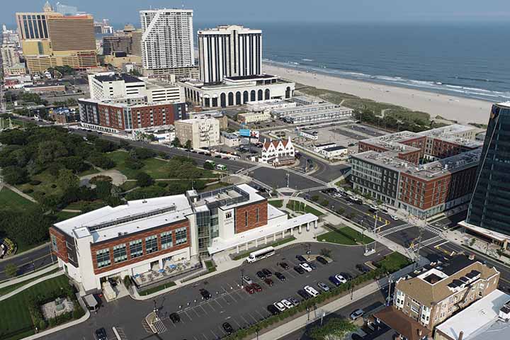 An aerial view of Stockton's Atlantic City campus with the beach and ocean to the northeast and O'Donnell park to the southwest