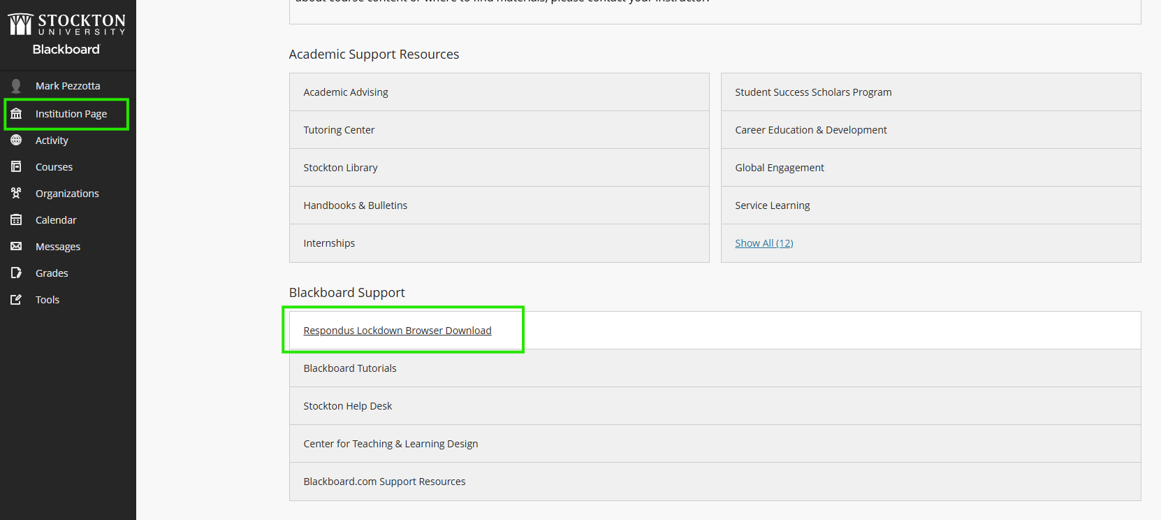 Location of download link on Blackboard's Institution web page containing a download link to Lockdown Browser