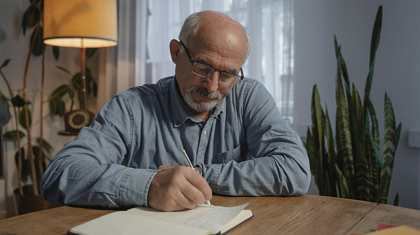 Older man writing in a notepad