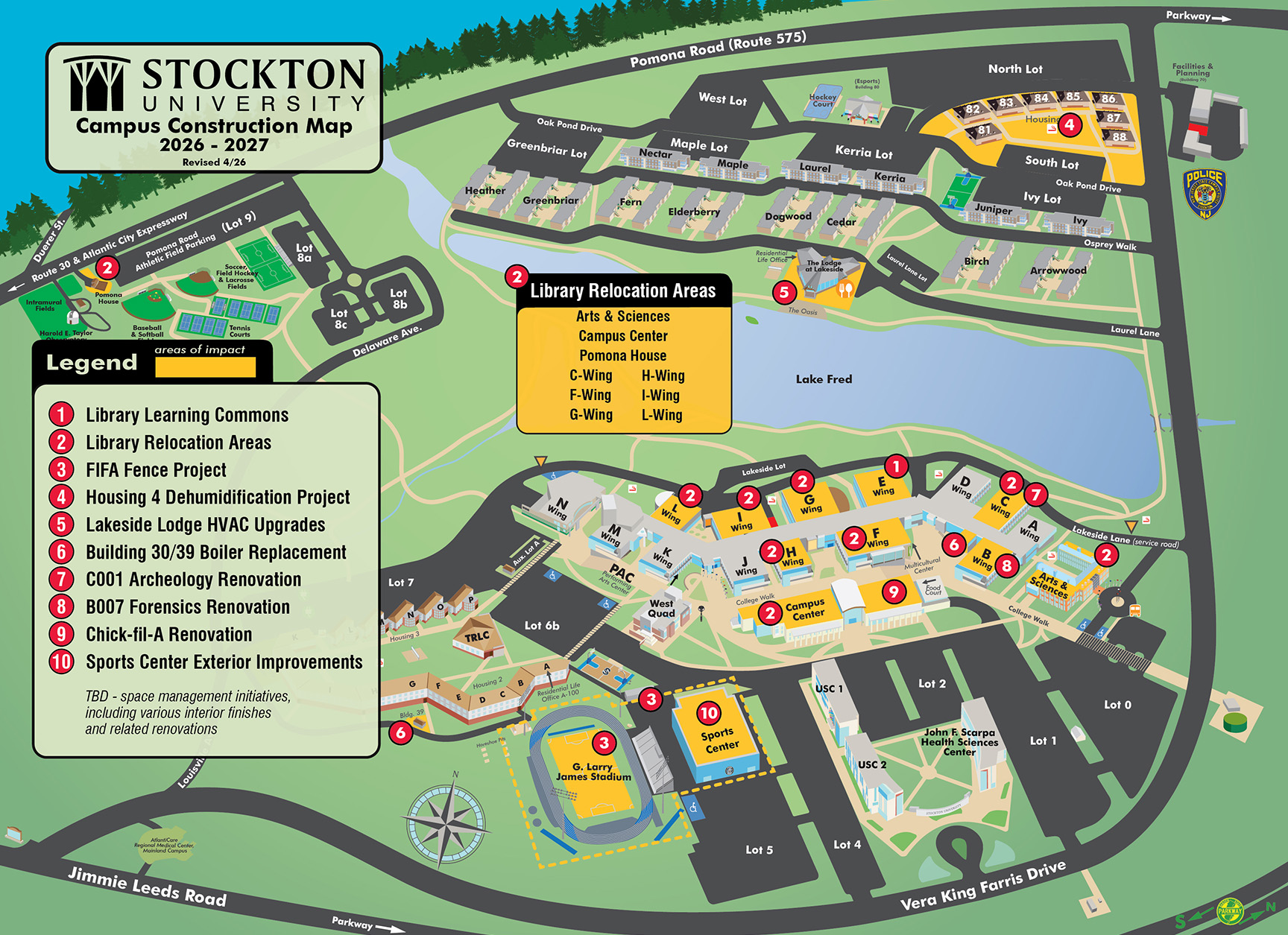 2026-2027 Campus Construction Map Campus map showing locations of upcoming construction projects.