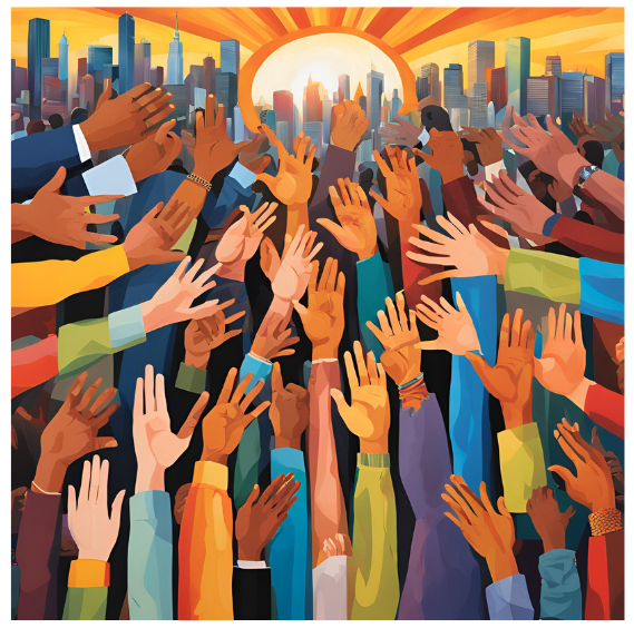 Hands joined, working together in front of a city scene.