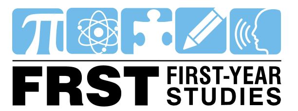 FRST Program Logo, with First-Year Studies spelled out and blue symbols for pi, an atom, a puzzle piece, a pencil, and a person speaking above the words.