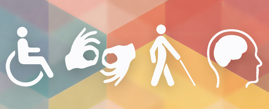 Disability Studies Minor Banner Image including a rainbow background with white images of a person sitting in a wheelchair, hands speaking in American Sign Language, a person walking with a cane, and a head with a brain emphasized.