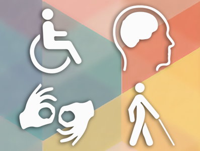 An image with a rainbow background with images of a person in a wheelchair, sign language, a person walking with a cane, and a brain. 