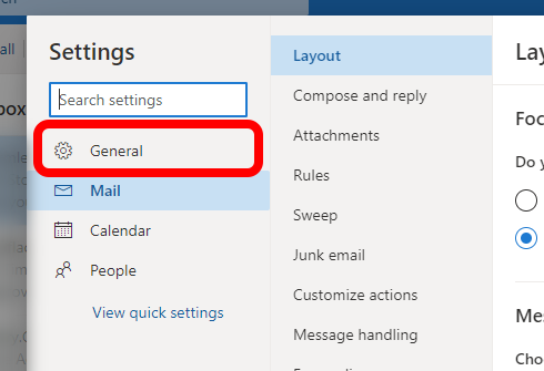 Outlook settings with General selected