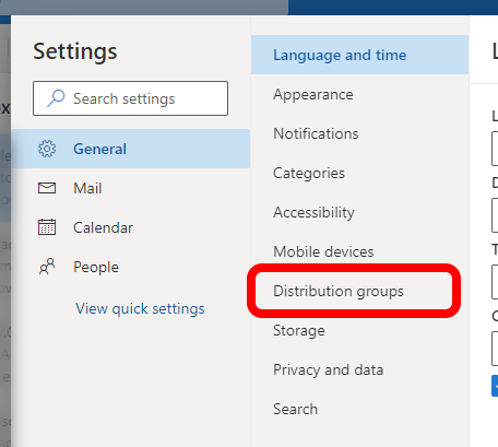 Outlook settings showing Distribution groups and the Visit this portal link