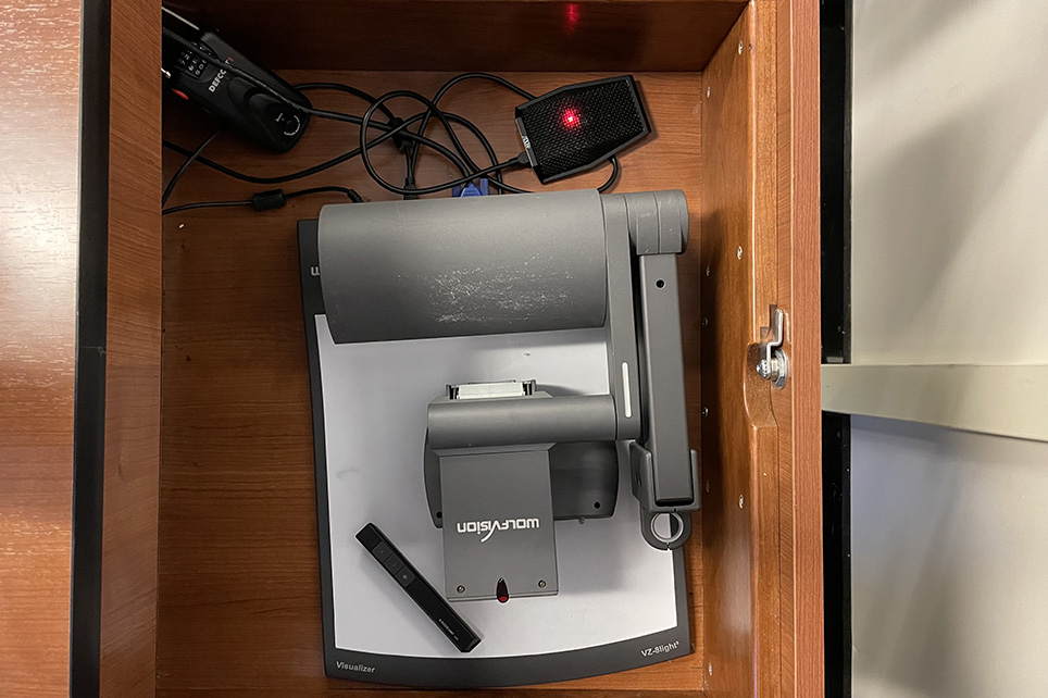 Document camera stored in the classroom podium drawer