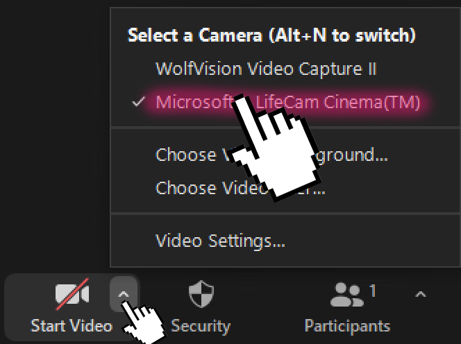 Zoom video menu showing the Microsoft LifeCam camera selection