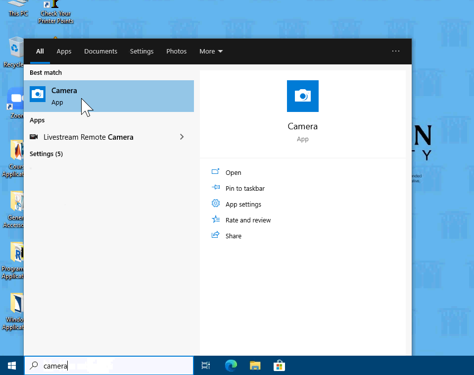 Windows Start menu with the Camera application highlighted