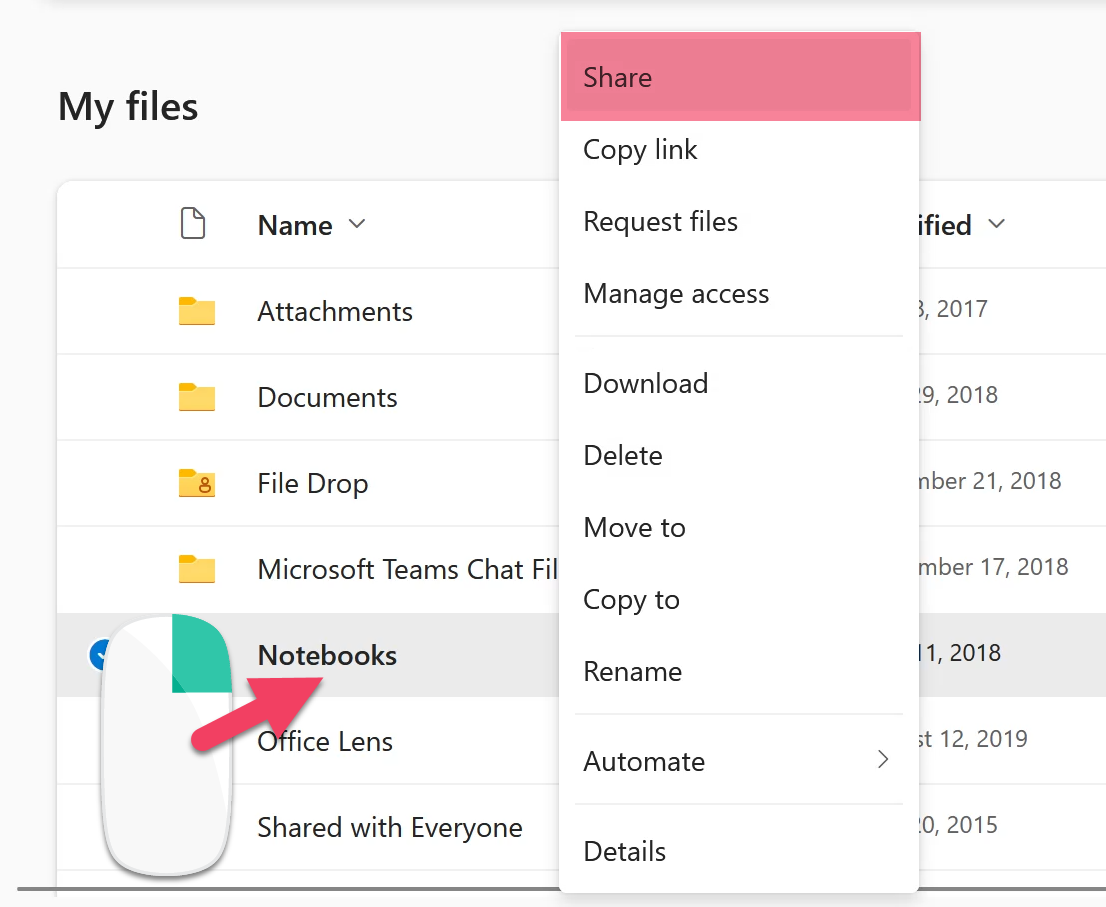 OneDrive file menu with Share highlighted