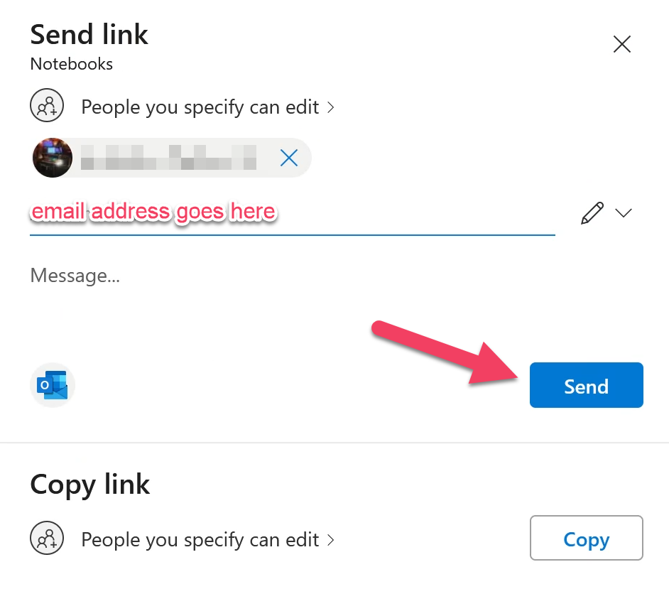 OneDrive sharing window with recipient field and Send button