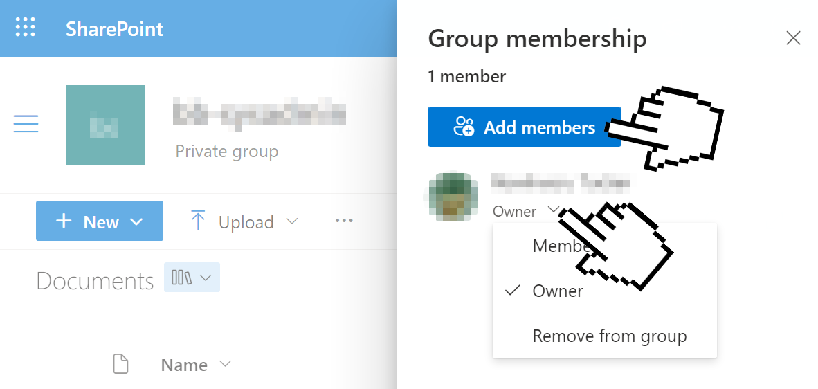 SharePoint membership menu with options to add members and edit member roles
