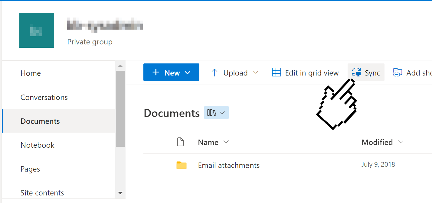 SharePoint document library showing the Sync button