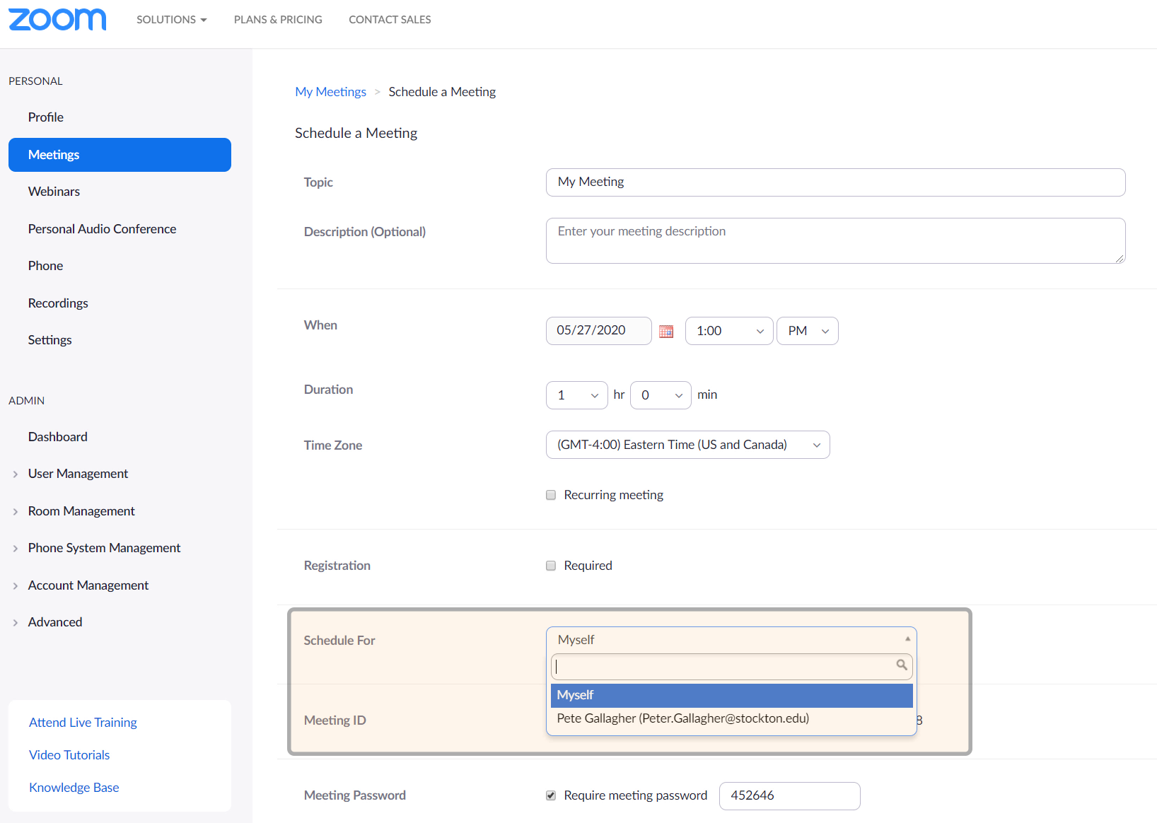 a screenshot of the zoom schedule meeting page, with the "schedule for" drop-down menu highlighted