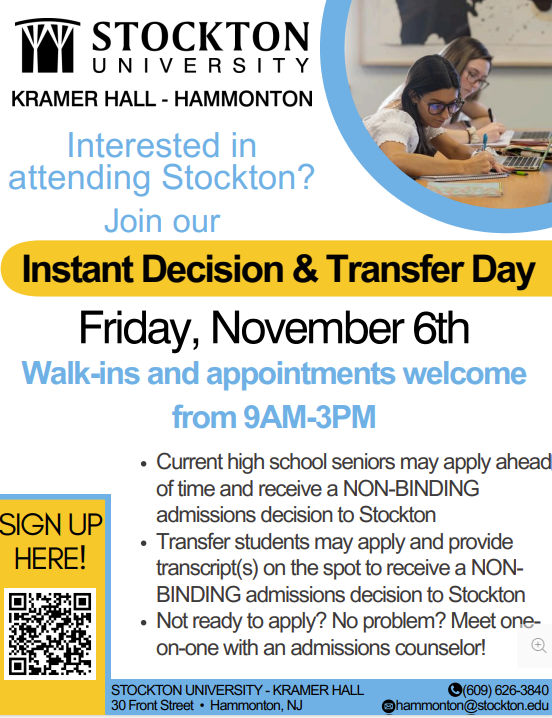 IDD Day November 6 Event flyer for Stockton University Kramer Hall's Instant Decision & Transfer Day on Friday, November 6th, from 9 AM to 3 PM.