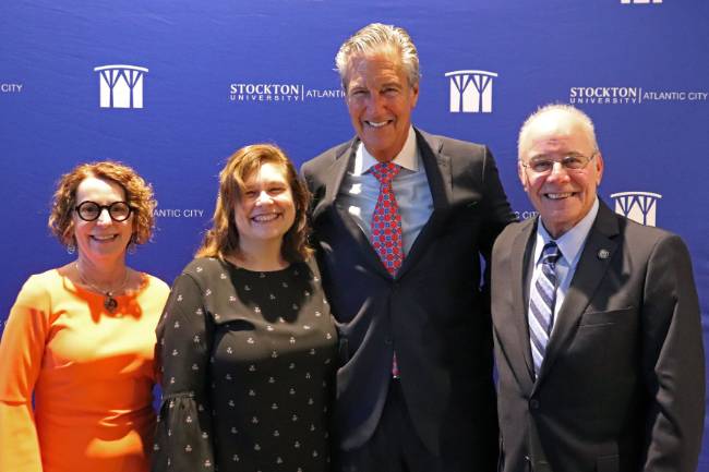 LIGHT Faculty Director Jane Bokunewicz, President of the New Jersey Tourism Industry Association Lori Pepenella, Lloyd D. Levenson and Stockton University President Harvey Kesselman stand together for a photo. LIGHT Faculty Director Jane Bokunewicz, President of the New Jersey Tourism Industry Association Lori Pepenella, Lloyd D. Levenson and Stockton University President Harvey Kesselman stand together for a photo.