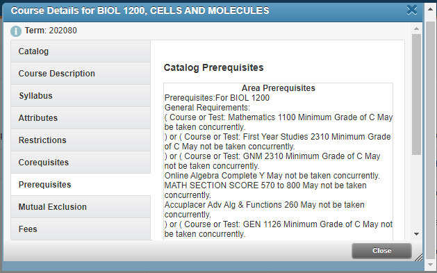 Image of prerequisite pop up box on Degree Works registration.