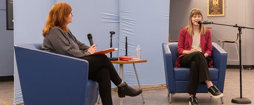At left, Brooke Zall-Crawford, director of Counseling and Psychological Servicers, hosts a Q&A with Kaelynn Partlow from Netflix's 'Love on the Spectrum'.