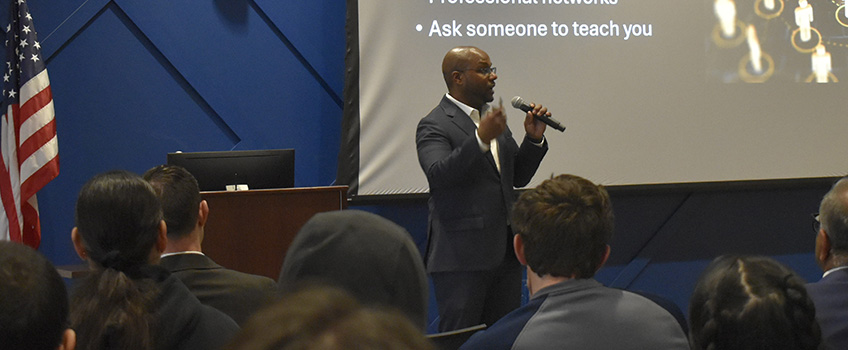Dwight McBee speaks to audience