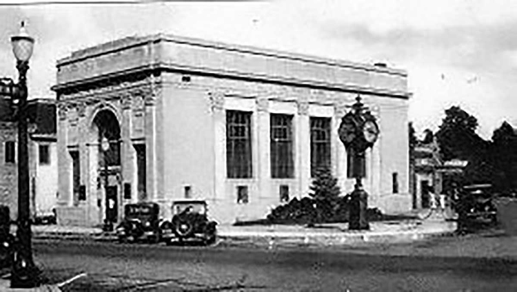 street view, black and white, antique cars in view